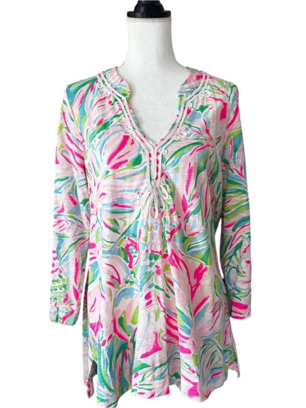 Lilly Pulitzer Embroidered Kaia Pink Green Print Cotton Tunic Top Size Large